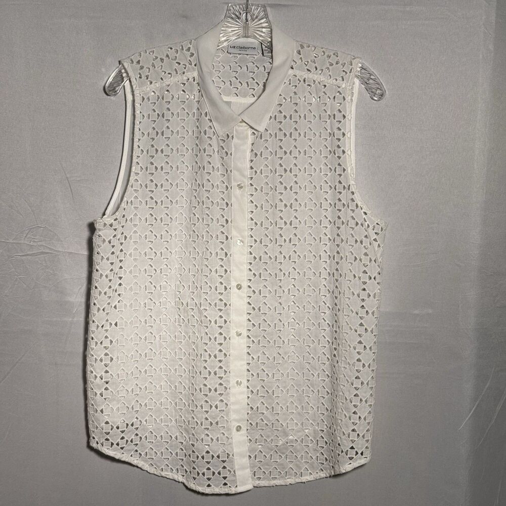 Liz Claiborne Petite PXL White Lace Sleeveless Button Front Blouse Cotton Top
